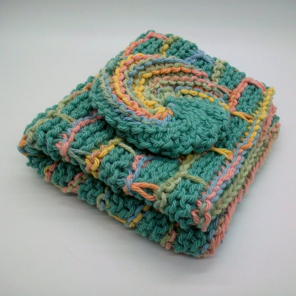 Handmade Knit Green Pink Cotton Wash Dish Spa Cloth Scrubbie Set - Picture 2 of 6